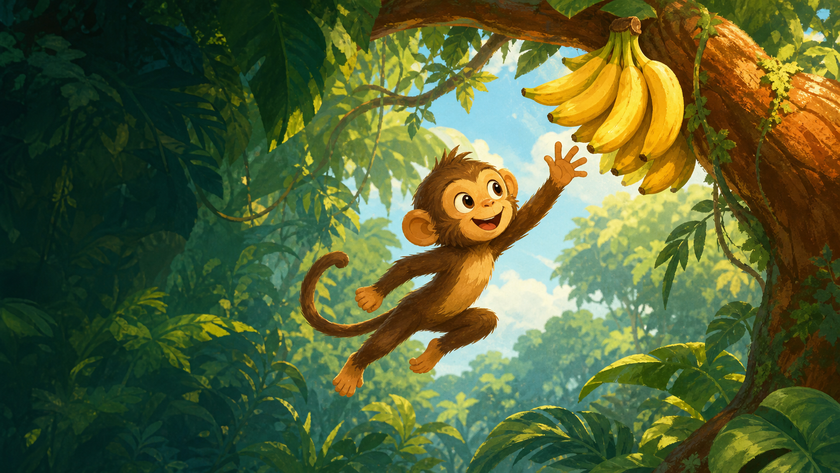 A little monkey leaps toward bright yellow bananas in a sunlit jungle canopy